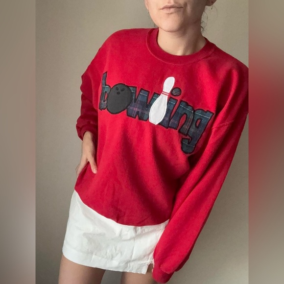 Vintage 00s /90s style jerzees Red Bowling crewneck sweatshirt  plaid size s/m - Picture 1 of 6